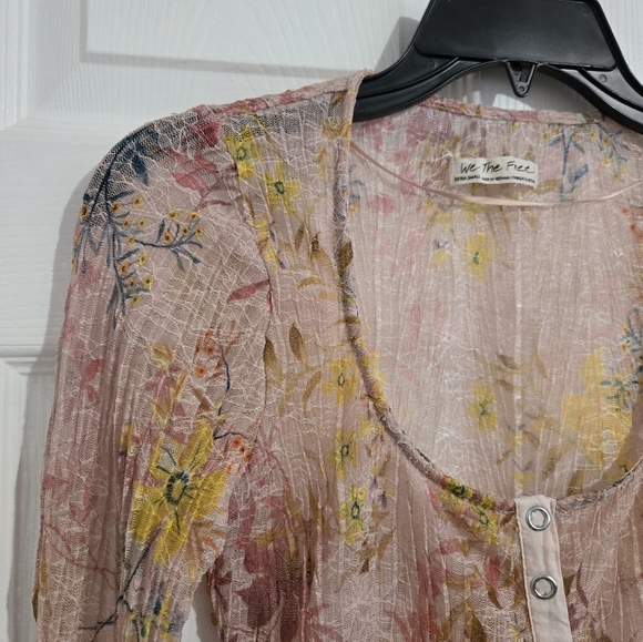 Free People Angelina Cropped Blouse Shirt Women's XS Floral Pleated Scoop Neck - Picture 8 of 12